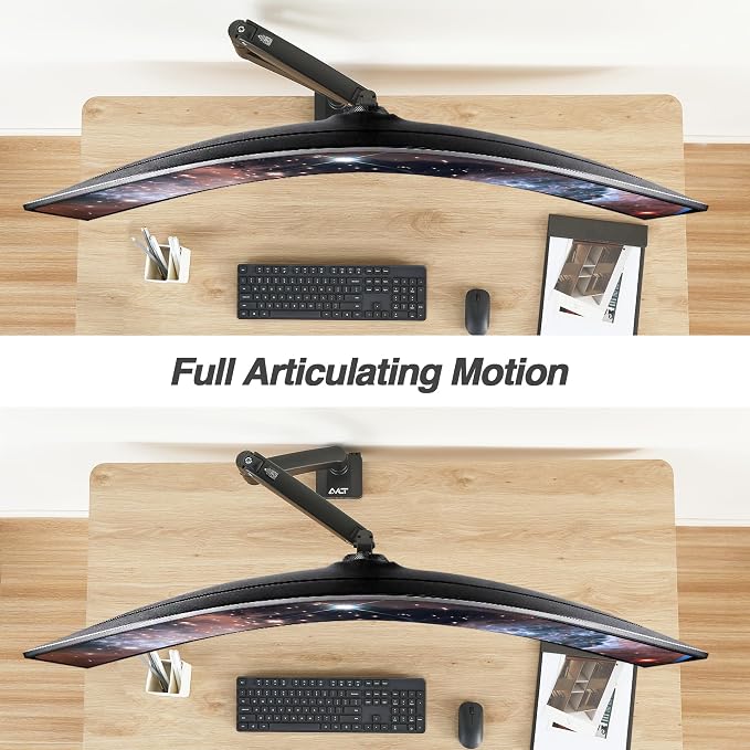 AVLT Single 17"-49" Super Ultrawide Monitor Arm Desk Mount for Screens up to 50 lbs, Premium Aluminum Stand, Adjustable Pneumatic Height, Full Motion Swivel Tilt Rotation, USB 3.0 & AUX Ports, Black