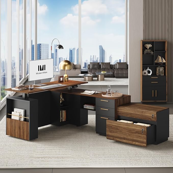 ModernMate Furniture Sets, 63" Standing Desk with 59" Bookshelf and 2 Drawer lateral File Cabinet, Home Office Furniture Set, Black Walnut