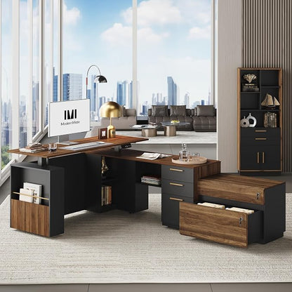 ModernMate Furniture Sets, 63" Standing Desk with 59" Bookshelf and 2 Drawer lateral File Cabinet, Home Office Furniture Set, Black Walnut