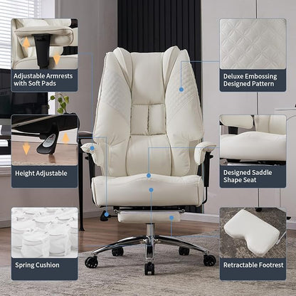 EXCEBET Big and Tall Office Chair 400lbs Wide Seat, Leather High Back Executive Office Chairs with Foot Rest, Ergonomic Lumbar Support for Lower Back Pain Relief (White)