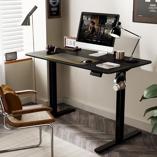 ERGOMAKER Electric Standing Desk, 43.3" x 23.6" Height Adjustable Sit Stand Desk with Splice Board for Home Office, Computer Desk Memory Preset (Black Frame, Black Desktop)