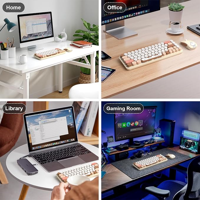 FOPETT Wireless Keyboard and Mouse Cute Mouse and Keyboard 2.4G Wireless Keyboards with Colorful 68 Keys Typewriter Retro Round Keycap for PC, Laptop,Tablet,Computer Windows - Milk Tea Colorful