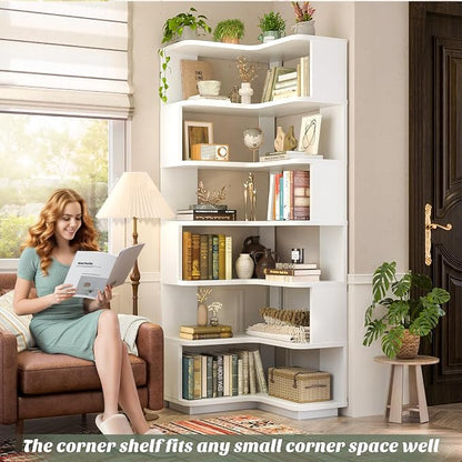 Armocity Corner Book Shelf - 7 Tier Corner Bookshelf Etagere Bookcase with Baffle, Freestanding L Shaped Display Shelf Stand for Home Office, Living Room, Bedroom, Kitchen, White