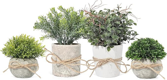 Velener 4 Pack Small Fake Plants Potted Eucalyptus Plants for Home Decor, Boxwood Artificial Plants Indoor, for Bathroom Bedroom Kitchen Office Farmhouse Room Shelf Decor