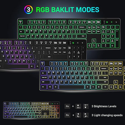 Wireless Keyboard and Mouse Combo, Lovaky 2.4G Full-Sized Ergonomic Keyboard Mouse, 3 DPI Adjustable Cordless USB Keyboard and Mouse, Quiet Click for Computer/Laptop/Windows/Mac (RGB Rainbow, 1 Pack)