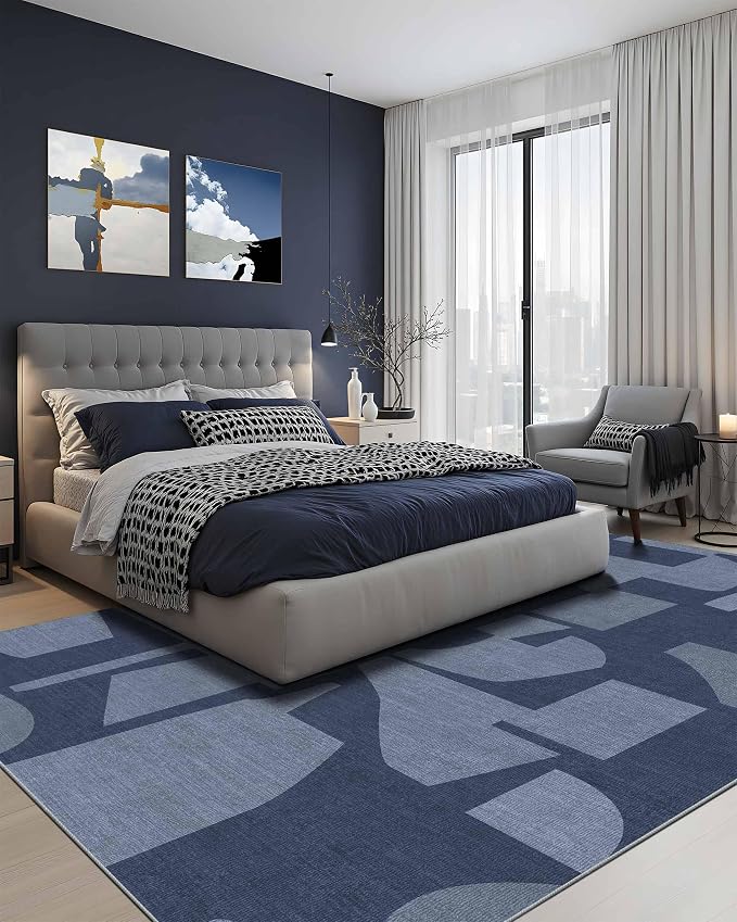 Latte&Fog 8x10 Area Rugs for Living Room, Large Modern Abstract Washable Rug, Boho Non Slip Low Pile Carpet for Indoor Bedroom Dining Room, Office, Dorm, Classroom, Farmhouse and Kids Room - Navy Blue