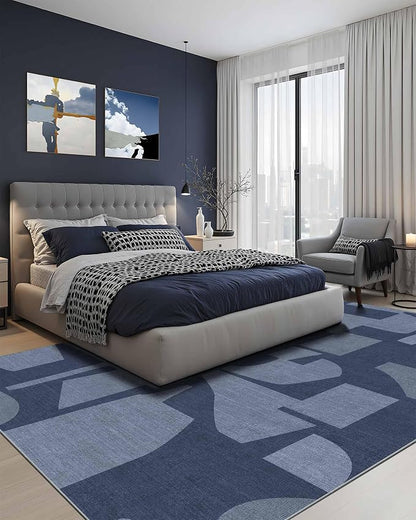 Latte&Fog 8x10 Area Rugs for Living Room, Large Modern Abstract Washable Rug, Boho Non Slip Low Pile Carpet for Indoor Bedroom Dining Room, Office, Dorm, Classroom, Farmhouse and Kids Room - Navy Blue