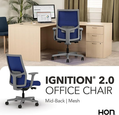 HON Ignition 2.0 Mid‑Back Ergonomic Office Chair, Mesh Task Seating with Lumbar Support, Advanced Synchro‑Tilt, Height and Width Adjustable Arms, Titanium Frame, Cobalt