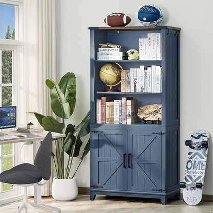 Joaxswe 5 Tier Bookshelf 70in Tall Bookcase with Barn Doors and Storage Cabinet, Blue Farmhouse Book Shelf with Adjustable Shelves, Wood Freestanding Display Bookshelves for Bedroom, Kitchen (3PCS)
