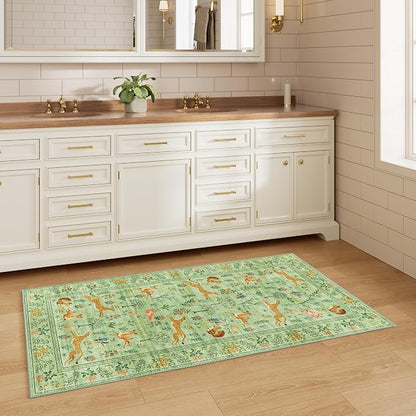 DUKINO 2x5 Rug for Hallway, Washable Kitchen Runner Rug with Non Slip Backing, Soft Low Pile Vintage Animal Runner for Bedroom, Kitchen, Hallway, Entryway, Laundry, Light Green