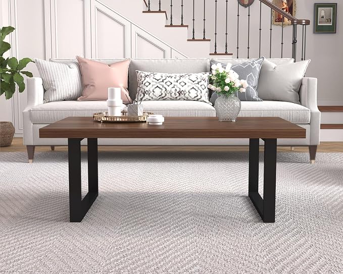 IBF Walnut Coffee Table, Minimalist Wooden Living Room Table, Modern Simple Rectangle Center Table, Vintage Rustic Wood and Metal Cocktail Tea Coffee Table for Home Bedroom Office, Walnut, 39 Inch