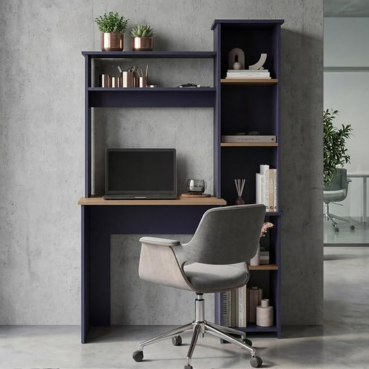 TUHOME Versalles Writing Desk with Large Monitor Shelf,Keyboard Tray and Five Side Open Storage Compartments,Modern Space-Saving Office Desk for Studios,Workspaces or Bedrooms, Functional Organization