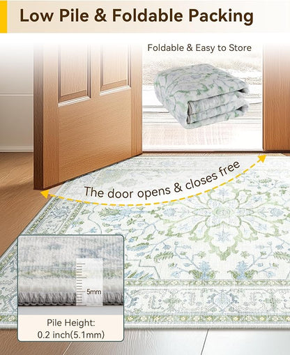 RELEANY Area Rugs 3'x5' Washable Non-Slip, Floral Vintage Distress Medallion Carpet for Living Room Bedroom Dining Room, Green White Blue