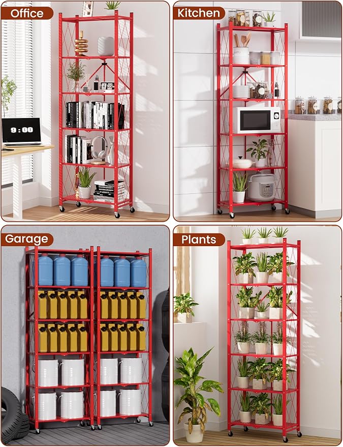 ALANNG 73.6 Inch Folding Bookshelf, 6 Tier Metal Bookcase and Bookshelves, Tall Shelves for Living Room Office Bedroom, Heavy Duty Book Shelve Free Standing Open (Red, 3PACK)