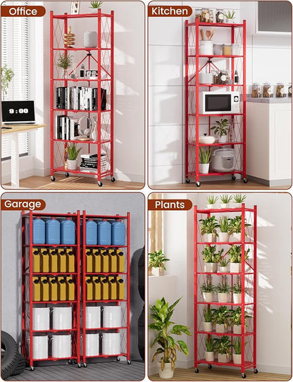 ALANNG 73.6 Inch Folding Bookshelf, 6 Tier Metal Bookcase and Bookshelves, Tall Shelves for Living Room Office Bedroom, Heavy Duty Book Shelve Free Standing Open (Red, 3PACK)