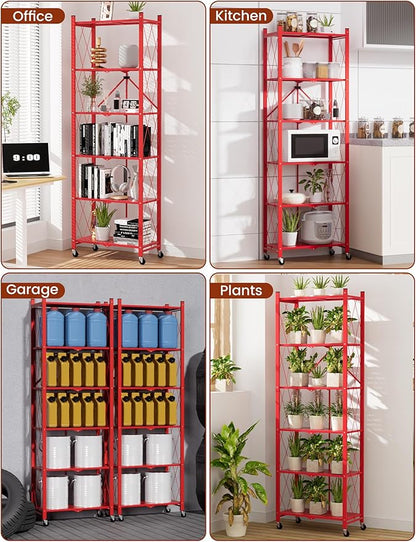 ALANNG 73.6 Inch Folding Bookshelf, 6 Tier Metal Bookcase and Bookshelves, Tall Shelves for Living Room Office Bedroom, Heavy Duty Book Shelve Free Standing Open (Red, 4PACK)