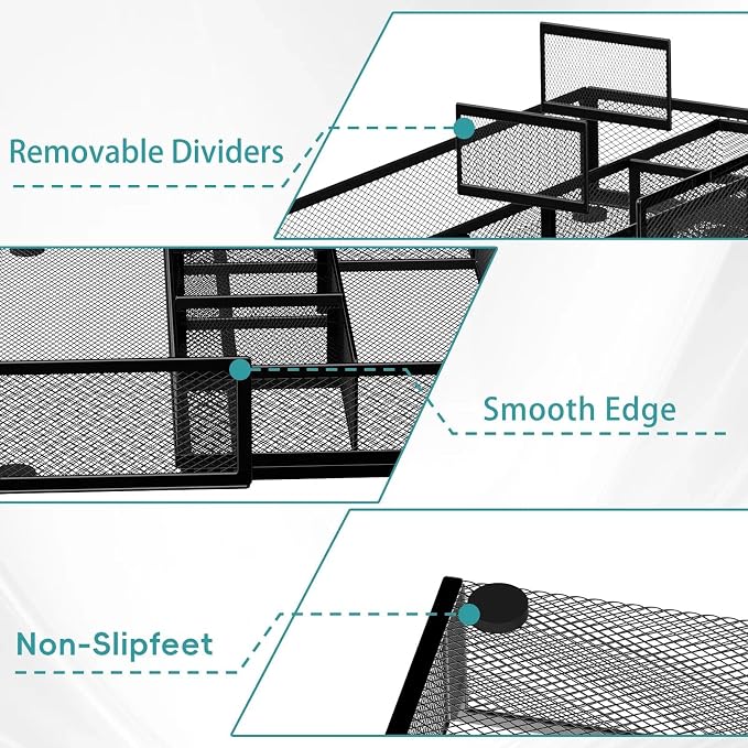 Expandable Desk Drawer Organizer Tray with 10 Adjustable Compartments, Metal Mesh Office Drawer Organizer, Versatile Desk Organizer for Home, School Supplies, Makeup Vanity & Jewelry (Black)