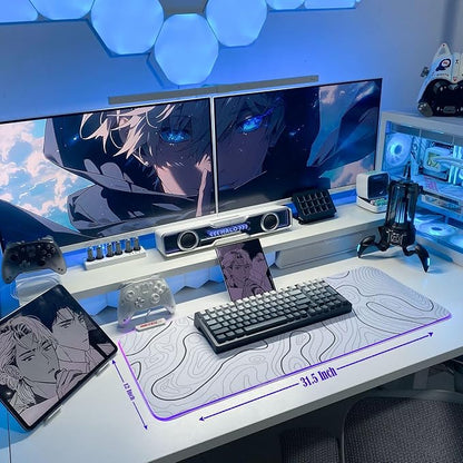 JMIYAV White Gaming Mouse Pad RGB Mousepad 31.5x12In Non-Slip Rubber Base Extra Large Cool XL XXL Computer Desk Pad Gaming Accessories Setup LED Light Up Big Mouse Pad for Gamer Topographic White