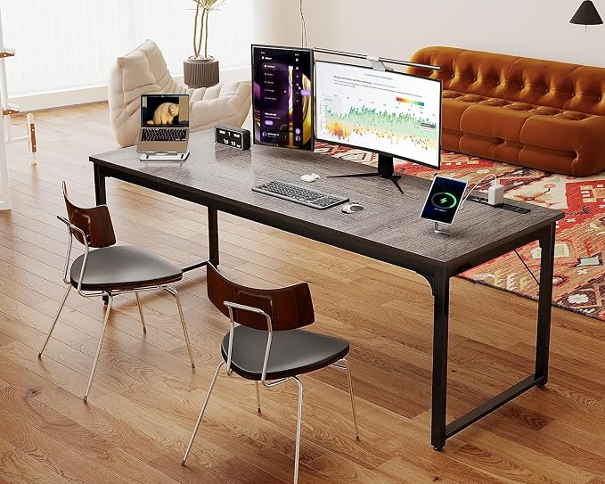 Coleshome 71 x 24 Inch Computer Desk with USB Ports, Large Office Desk, Long Study Student Writing Desk, Grey Oak