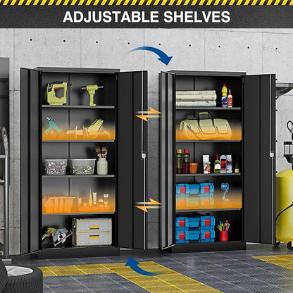 Fesbos Metal Storage Cabinet-71” Tall Steel File Cabinets with Lockable Doors and Adjustable Shelves-Black Steel Storage Cabinet for Home,Kitchen, School, Office, Garage