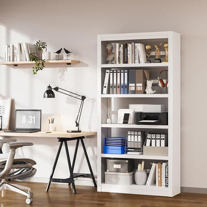 5 Tier Metal Bookcase,69'' Tall Heavy Duty Bookshelf with Open,White Large Adjustable Bookshelves,Sturdy Modern Heavy Duty Display Bookcases for Library,Office,Study Room,Living Room