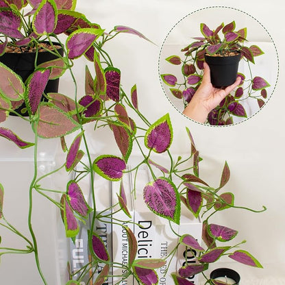 Artificial Hanging Potted Plants, Small Fake Purple Potted Plant Faux Ivy Vine Plant for Shelf Home Office Indoor Outdoor Garden Greenery Decor (Black Pot)