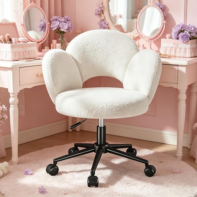 Homkdom Petal Vanity Chair with Wheels, 3.94" Thick Comfy Desk Chair, Swivel Armless Chair with Open Back and Adjustable Height, Ideal for Makeup Study Work and Relaxation, White