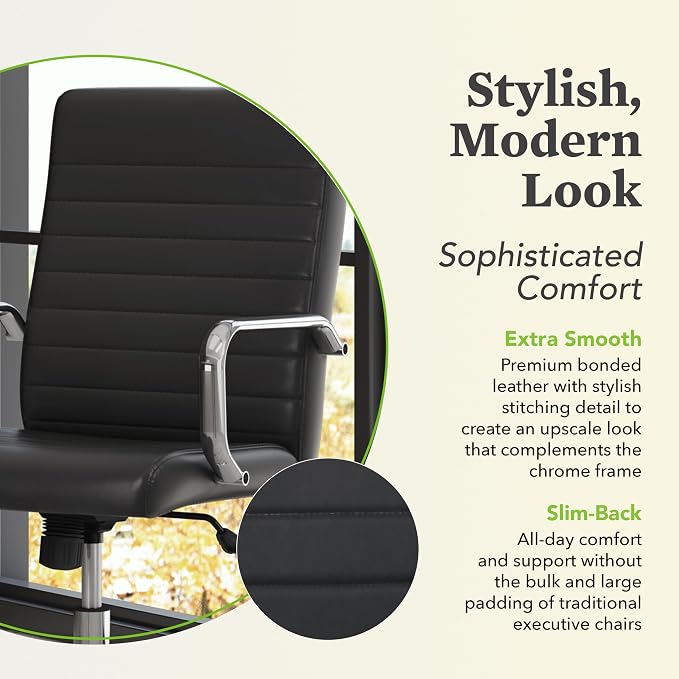 HON Sadie Executive Ergonomic Office Chair with Leather Upholstery, Chrome Arms and Back Support, Mid Back Desk and Computer Chair for Home Office or Conference Room, 360 Swivel, Black
