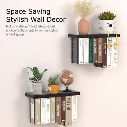 Floating Book Shelves for Wall Set of 2, Unique Wood Hanging Bookshelf | Easy Install Wall Bookshelf with Anti-Tilt Metal Bracket, Floating Bookshelf Storage Display Wall Shelves for Home Decor