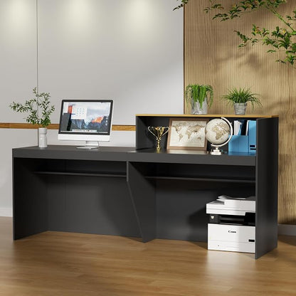 85.8 inches Reception Desk with Counter Modern Front Table Checkout Counter Table Retail Counter for Reception Room,Salon,Office,Store,Shop,Clinic,Lobbies,Retail,Home,Black and Natural