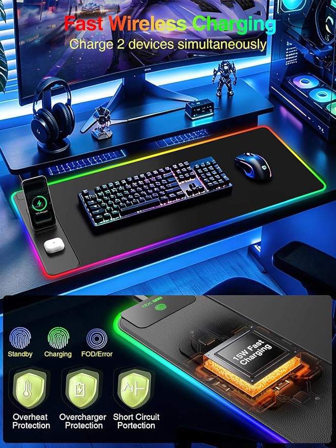 Wireless Charging Mouse Pad with Magnetic Phone Stand, 31.5"x15.8" Large | Gaming Mousepad RGB Desk Mat, Smooth Glide, Stitched Edge, Non-Slip Rubber Base, Waterproof Keyboard Mat, with Adatper