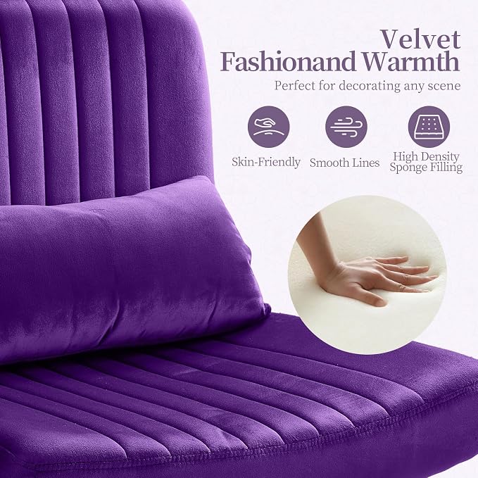 Criss Cross Chair with Wheels, Velvet Cross Legged Office Chair, Comfy Desk Chair for Home Office, Ergonomic Computer Chair, Wide Seat Vanity Chair, Birthday Gift for Women, Velvet Plum Purple