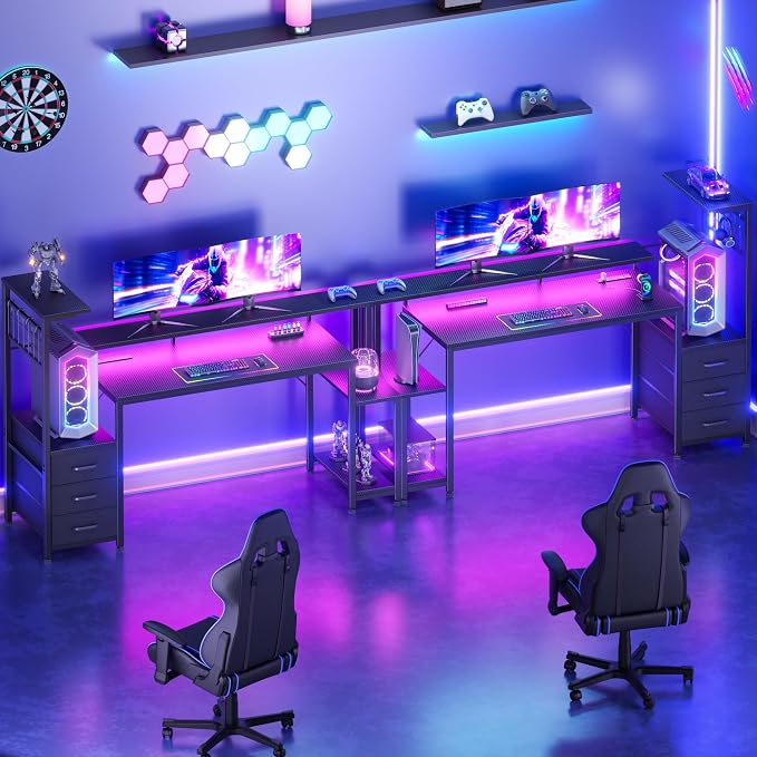 Korfile 55 Inch Gaming Desk with Bluetooth LED Lights & Power Outlets,Computer Desk with Fabric Drawers & Hooks,Reversible Gamer Table with Monitor Stand for Game Room,Home Office,Carbon Fiber Black