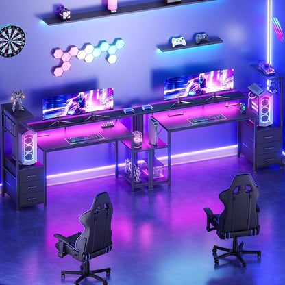Korfile 55 Inch Gaming Desk with Bluetooth LED Lights & Power Outlets,Computer Desk with Fabric Drawers & Hooks,Reversible Gamer Table with Monitor Stand for Game Room,Home Office,Carbon Fiber Black