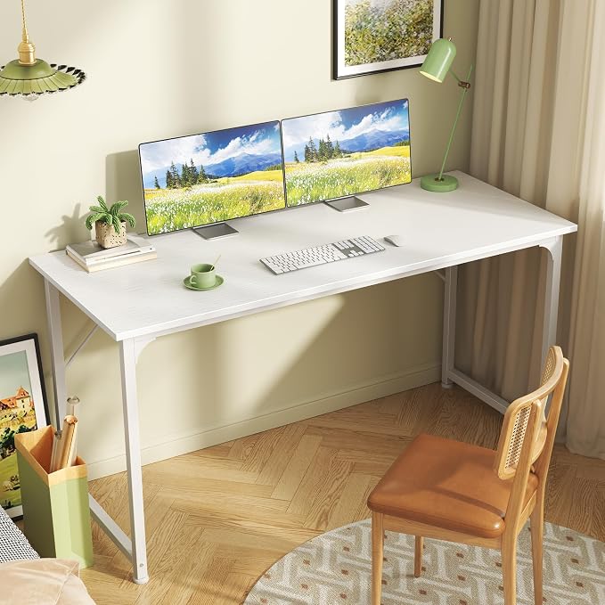 Huuger Computer Desk, 55 Inch Home Office Desk, Gaming Writing Work from Home Study Desk, Large Legroom, Sturdy Metal Frame, Modern Simple, White