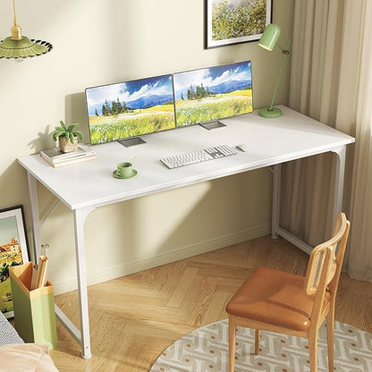 Huuger Computer Desk, 55 Inch Home Office Desk, Gaming Writing Work from Home Study Desk, Large Legroom, Sturdy Metal Frame, Modern Simple, White