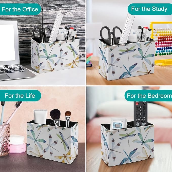 Niapessel Pencil Holder for Desk, Watercolor Dragonfly Pen Holder Storage Desktop Pen Organizer Desk Pencil Organizer Makeup Brush Holder for Office School College Leather