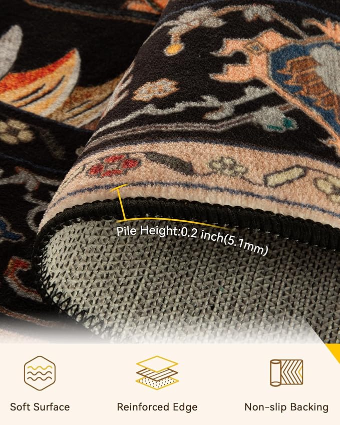 RELEANY Area Rugs Round 4ft Washable Non-Slip, Floral Vintage Distress Medallion Carpet for Living Room Bedroom Dining Room, Black Colorful Floral Dark Tan
