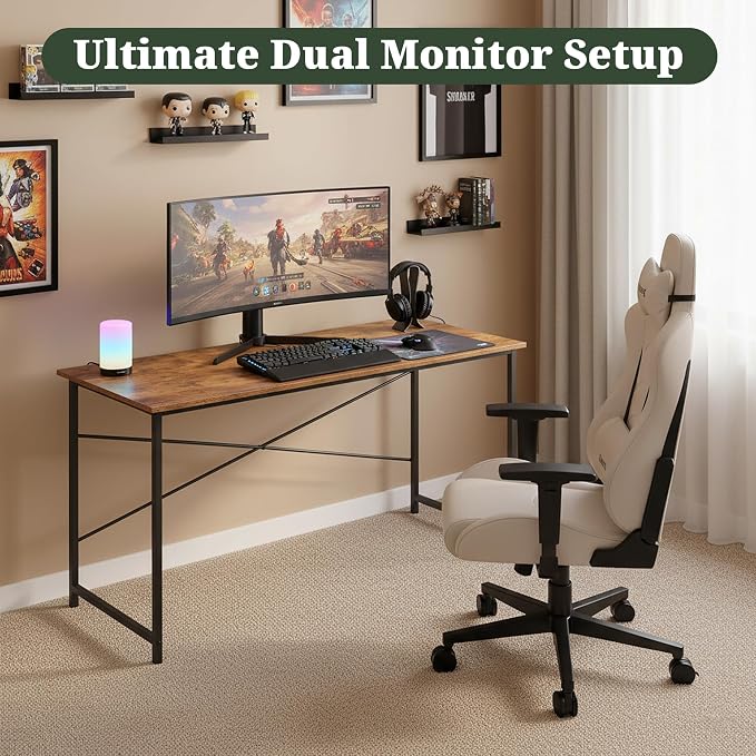 Computer Desk 55 Inch, Simple Home Office Desk Study Writing Table, Sturdy Metal Frame, Scratch-Resistant MDF Desktop for Bedroom Dorm Workspace, Brown