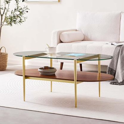 LumFurn Oval Glass Coffee Table, Mid-Century Modern Design, L41 x W21 x H17 inch, for Living Room, 2-Tier Structure, Clear Glass Top and Walnut Finish Wood Shelf, Conical Legs with Gold Finish Frame
