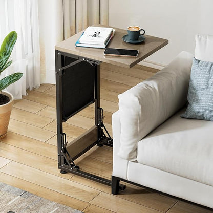Folding TV Tray Table, Small Folding Side Table with Storage Bag, Portable C Shaped End Table for Couch Sofa Bed, Oak Gray