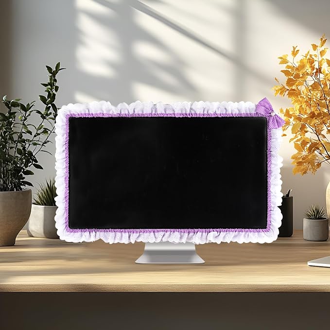 32"-38" Lovely Cute Computer Monitor Cover with Lovely Cute Elastic Pen Pocket Bow-knot TV LCD Screen Monitor Decoration Dust Cover Protector, Lace Fabric - purple