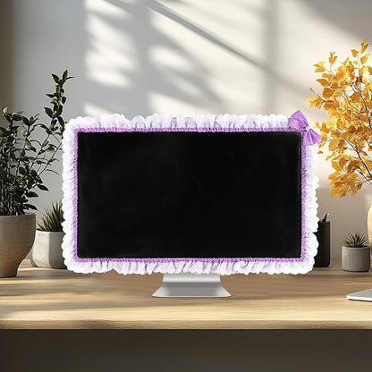 32"-38" Lovely Cute Computer Monitor Cover with Lovely Cute Elastic Pen Pocket Bow-knot TV LCD Screen Monitor Decoration Dust Cover Protector, Lace Fabric - purple
