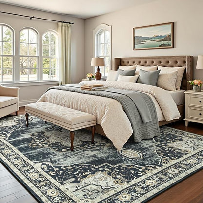 Lofus 5x7 Washable Rugs Non-Slip, Vintage Floral Area Rug for Living Room Bedroom Dining Room Kitchen, Low Pile Distress Print Medallion Carpet Home Decor Rug, Black Beige