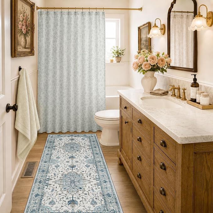 RELEANY Area Rugs Runner 2'x6' Washable Non-Slip, Floral Vintage Distress Medallion Carpet for Kitchen Hallway Bedroom Beside Laundry Room Bathroom, Light Blue Navy Gray White