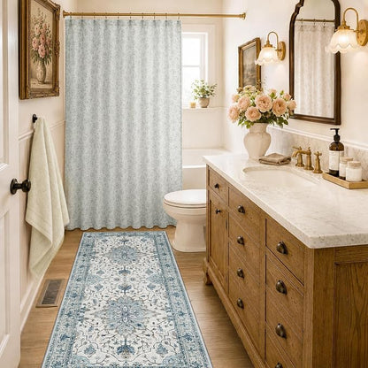 RELEANY Area Rugs Runner 2'x6' Washable Non-Slip, Floral Vintage Distress Medallion Carpet for Kitchen Hallway Bedroom Beside Laundry Room Bathroom, Light Blue Navy Gray White