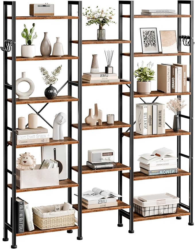 Furologee Triple Column 6 Tier Bookshelf, Large Bookcase with 17 Display Shelves, Wide Book Shelf with 6 Hooks, Adjustable Rustic Bookshelves Storage Organizer, Shelving Unit for Living Room, Office