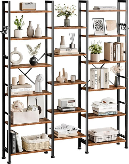 Furologee Triple Column 6 Tier Bookshelf, Large Bookcase with 17 Display Shelves, Wide Book Shelf with 6 Hooks, Adjustable Rustic Bookshelves Storage Organizer, Shelving Unit for Living Room, Office