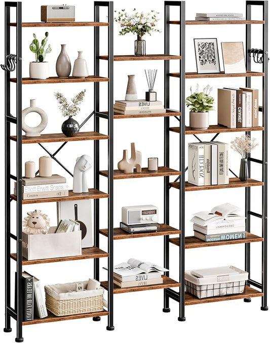 Furologee Triple Column 6 Tier Bookshelf, Large Bookcase with 17 Display Shelves, Wide Book Shelf with 6 Hooks, Adjustable Rustic Bookshelves Storage Organizer, Shelving Unit for Living Room, Office