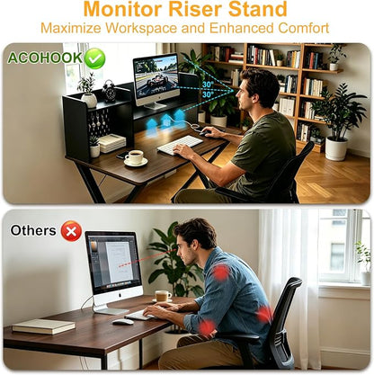 44"×24" Black Computer Desk with Charging Ports, Home Office Desk with Hutch Pegboard Study Gaming Desk with Motion Sensor Light, Modern Writing Desk Table for Home Office Bedroom Kis Room